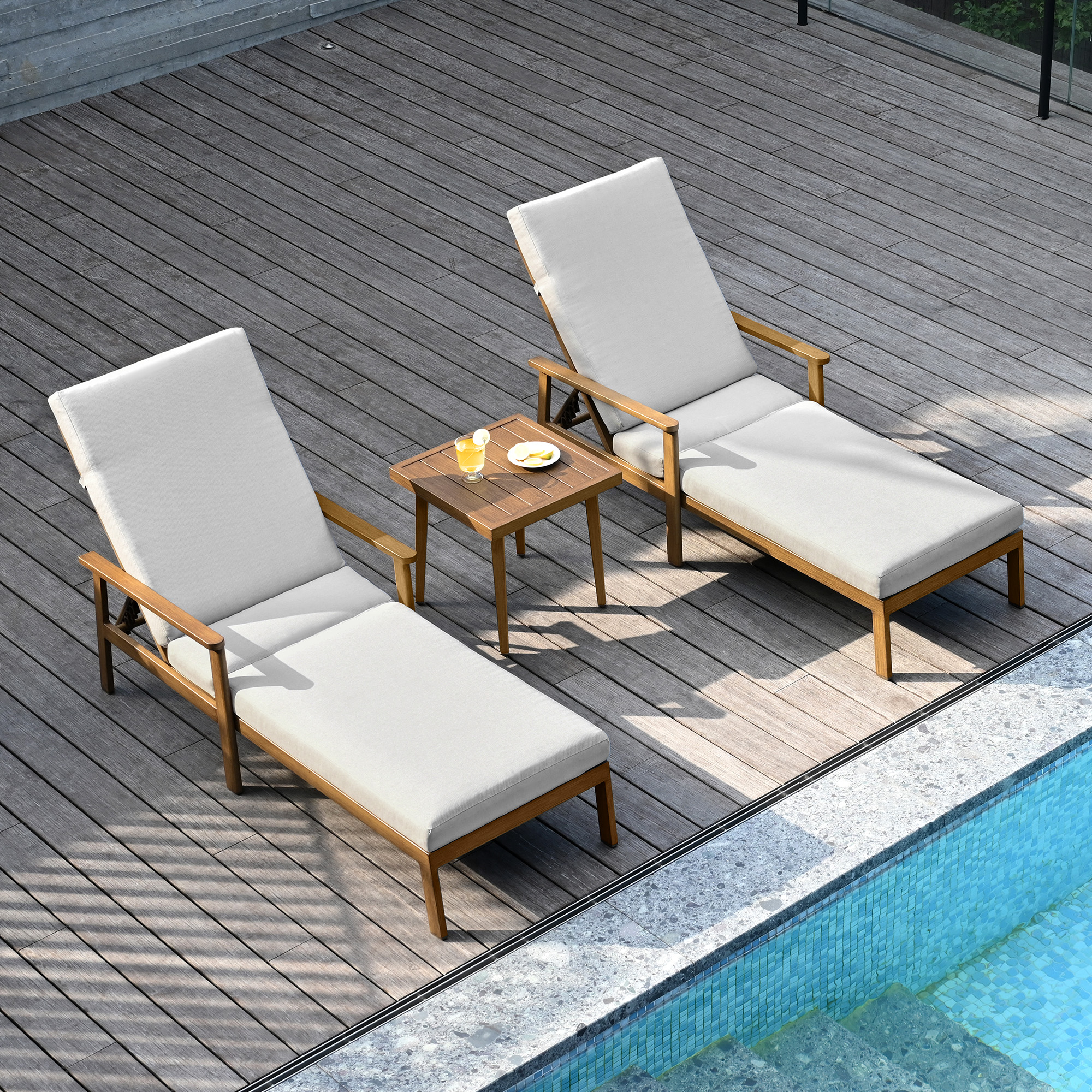 1-2 Piece Aluminum Outdoor Pool Lounge Chairs Square Side Table Thick Cushions 6-Position Adjustable Backrest-L007B