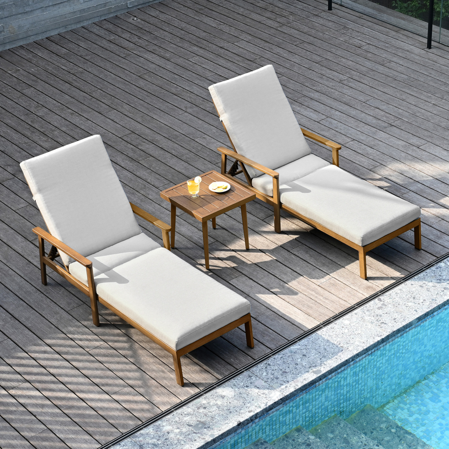 1-2 Piece Aluminum Outdoor Pool Lounge Chairs Square Side Table Thick Cushions 6-Position Adjustable Backrest-L007B