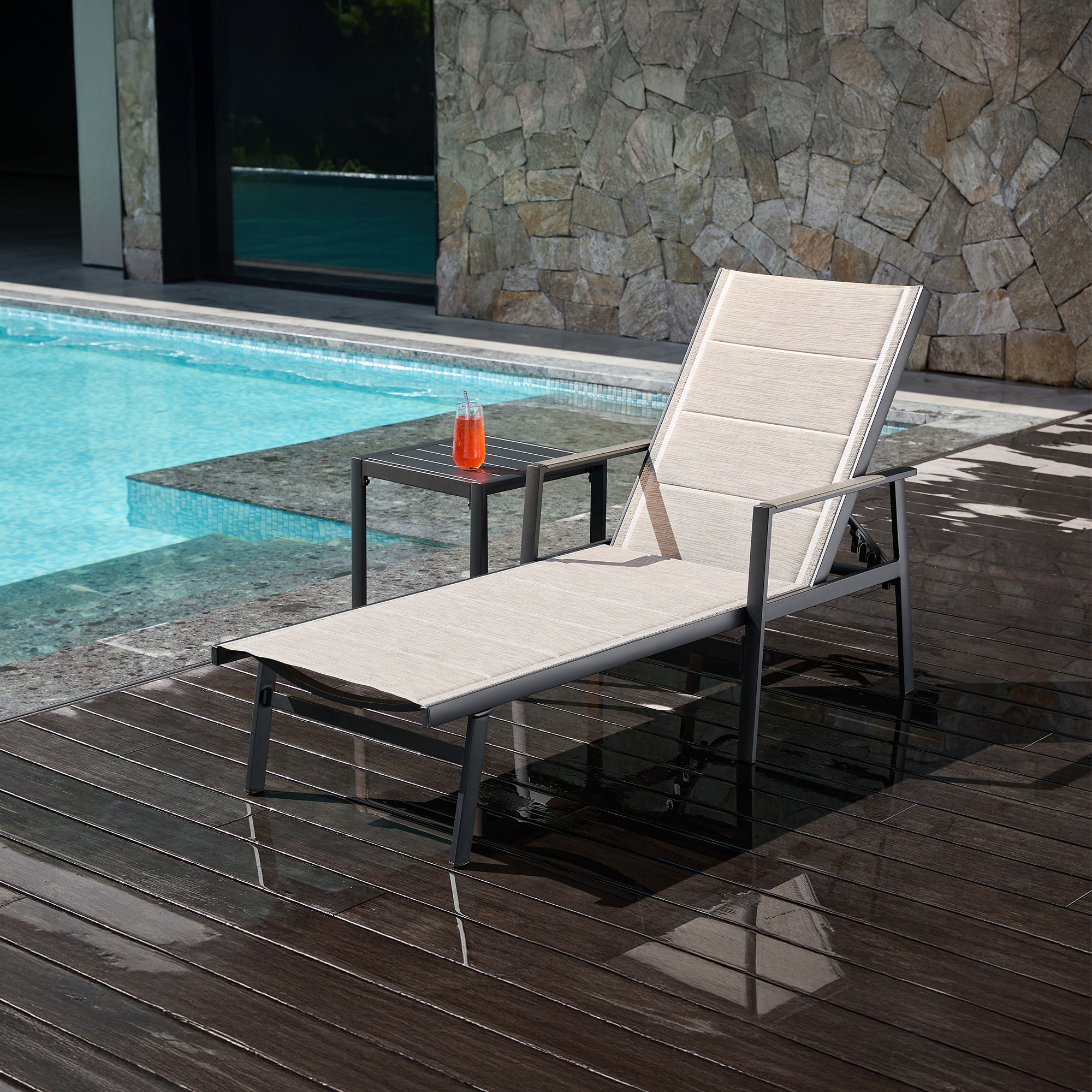 This Outdoor Chaise Lounge Chair includes a never-rust aluminum frame and double-layer Textilene, with adjustable positioning. - Seehill