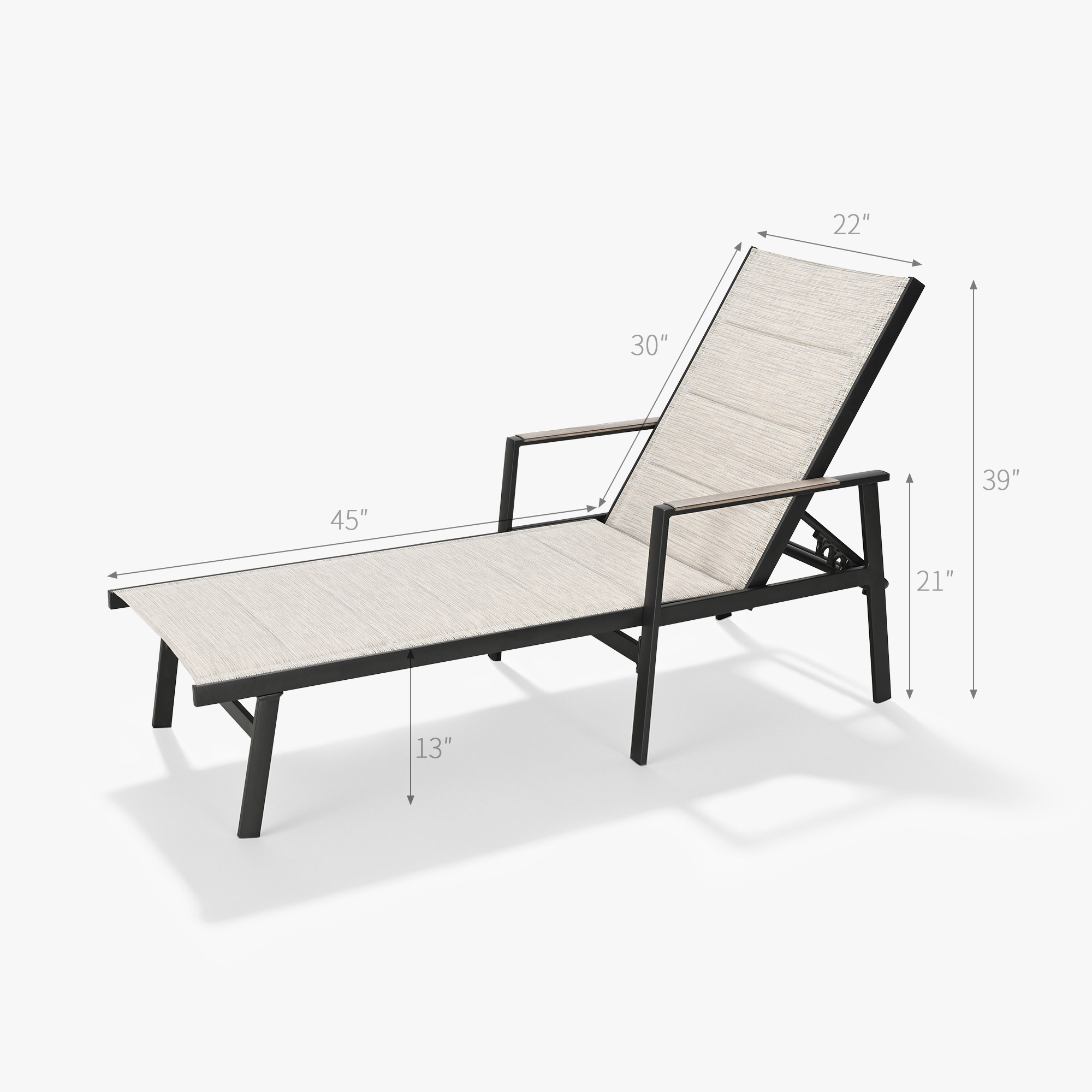 Outdoor lounge chair with beige fabric and black frame, 45" long - Seehill