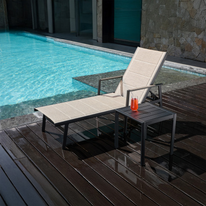 Outdoor lounge chair with side table, beige fabric - Seehill