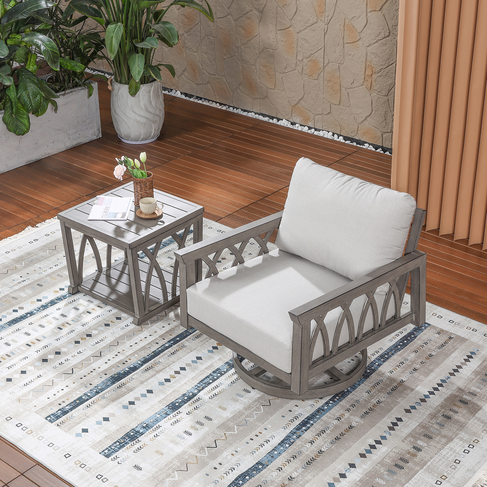 2-Piece Aluminum Outdoor Patio Swivel Sofa Armchair Set - DS093