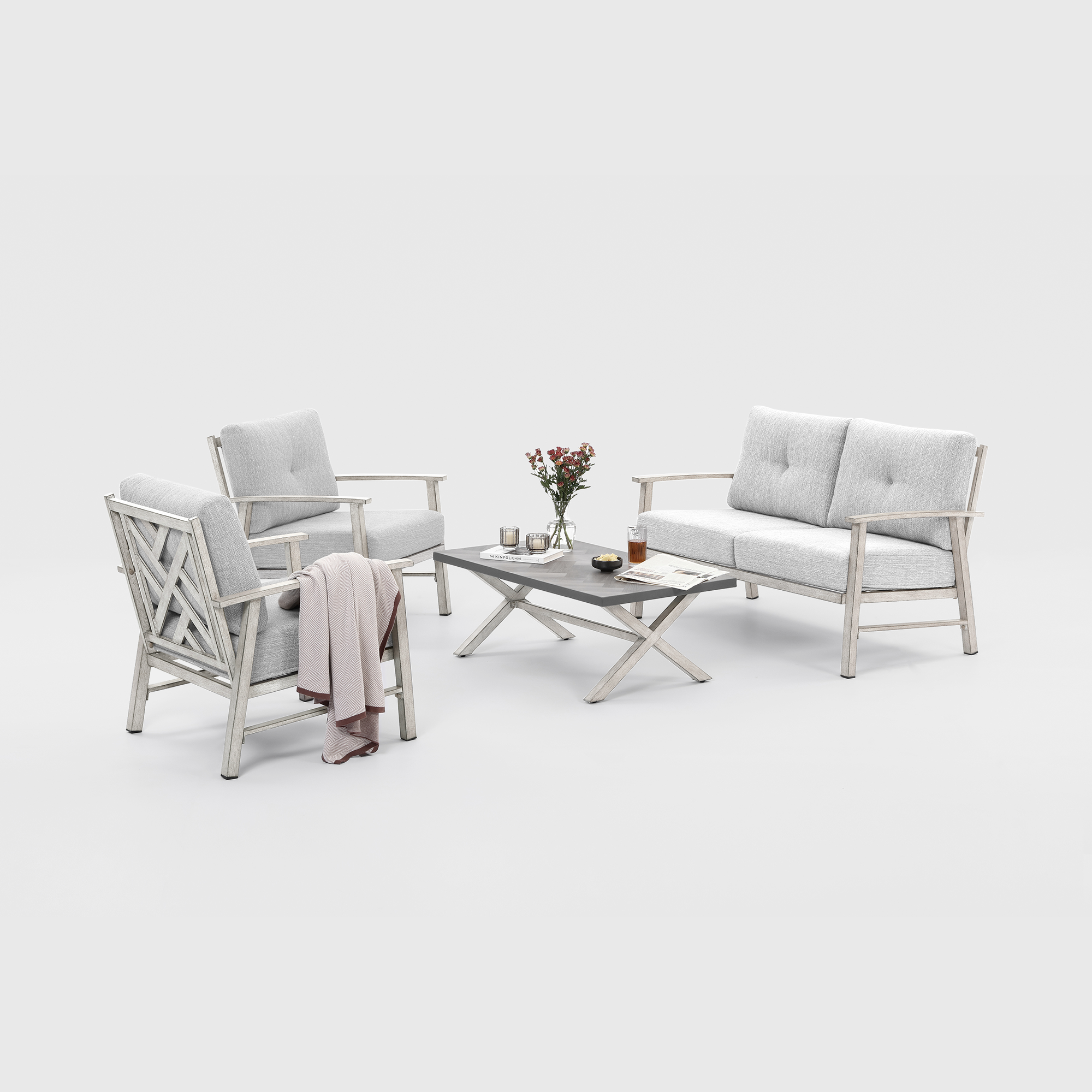 Modern outdoor patio furniture set with cushioned seats and a rectangular coffee table-Seehill