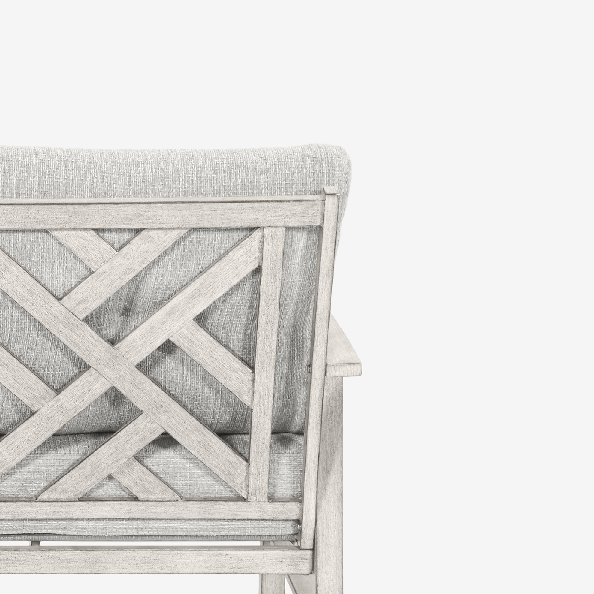 Close-up of the backrest with crisscross wooden design and light gray cushions-Seehill
