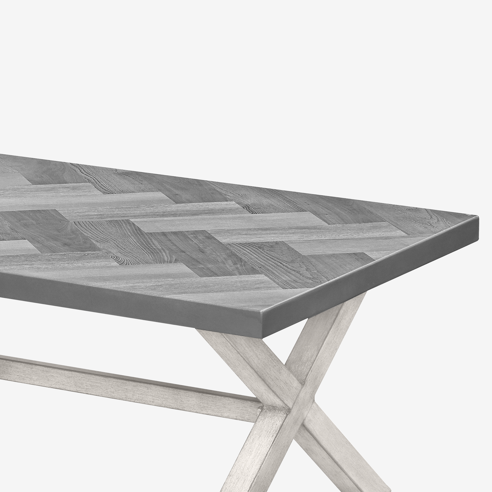 Close-up of modern outdoor patio table with wood patterned top and sturdy legs-Seehill