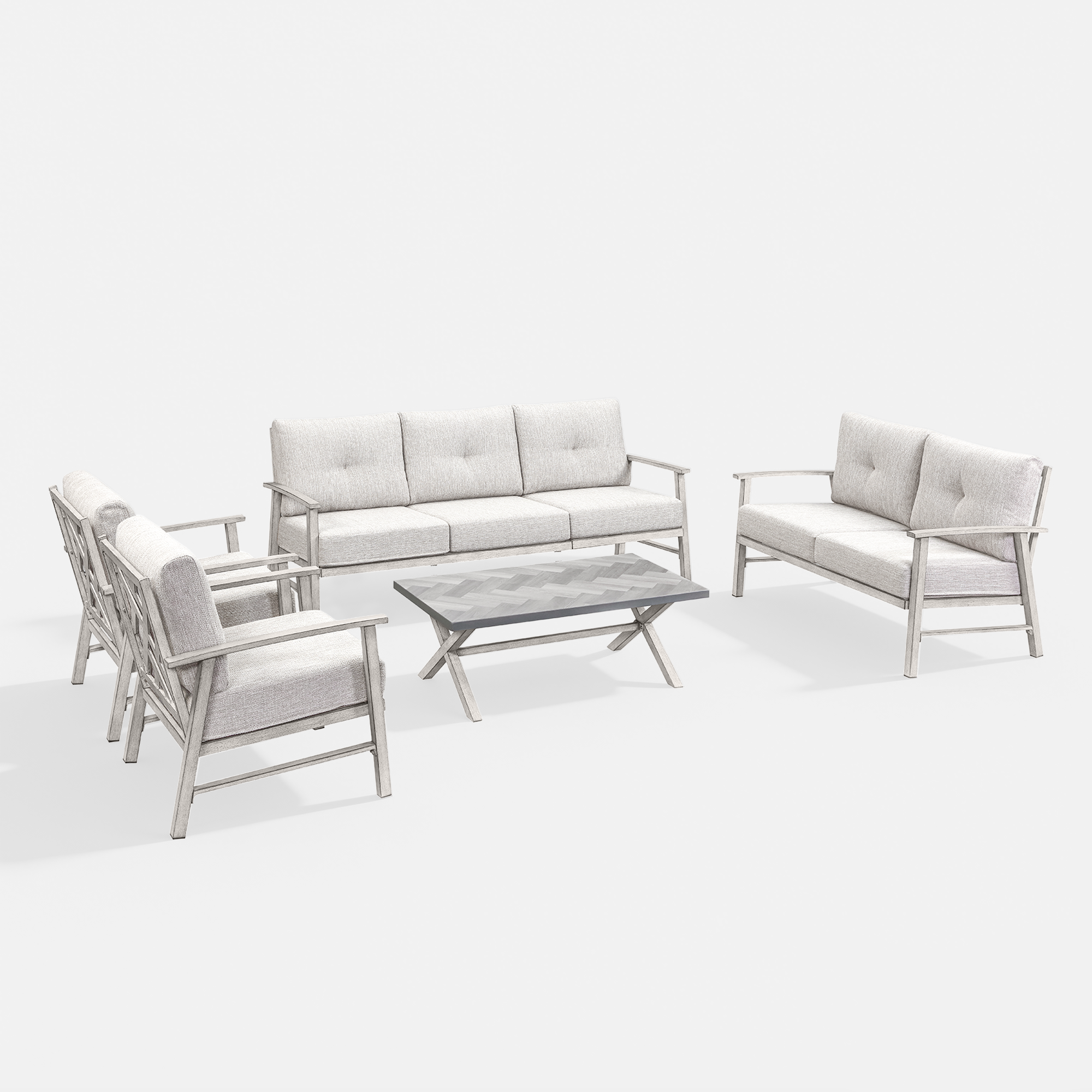 Basil Modern outdoor patio furniture set with cushioned seats and a wooden coffee table-Seehill