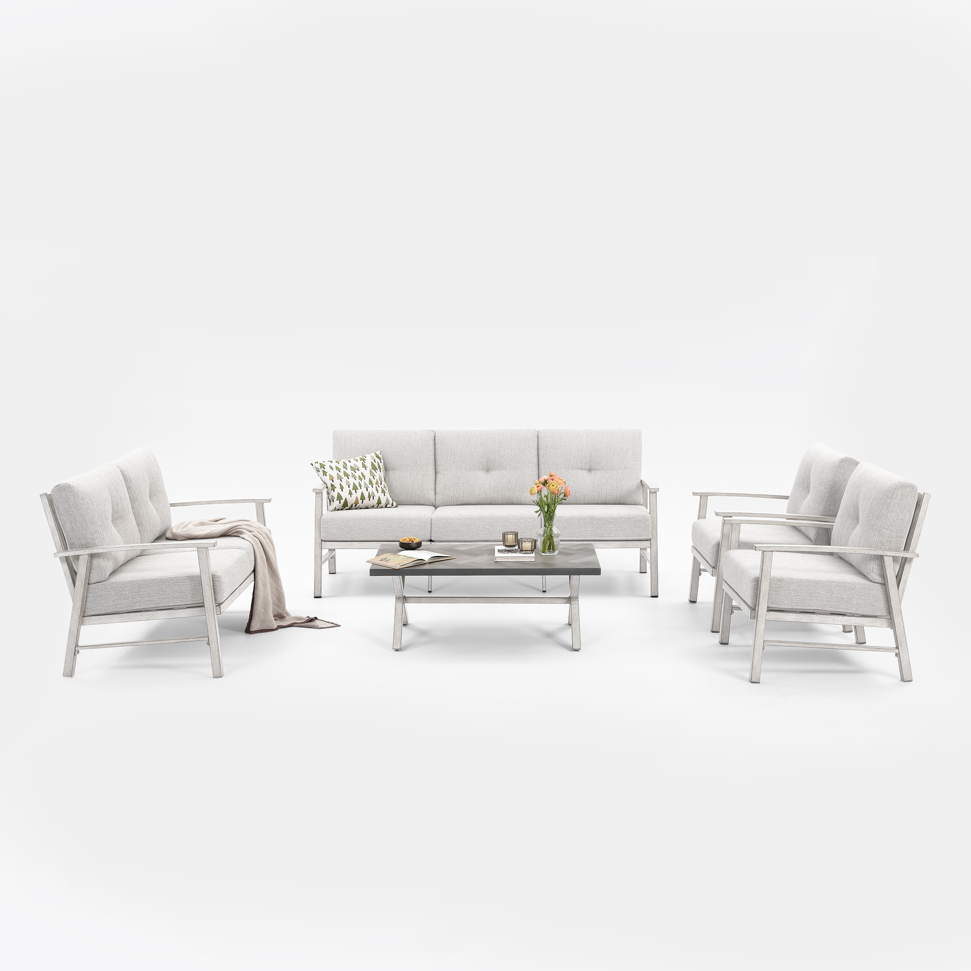 Modern outdoor patio furniture set with cushioned seats and a central coffee table-Seehill