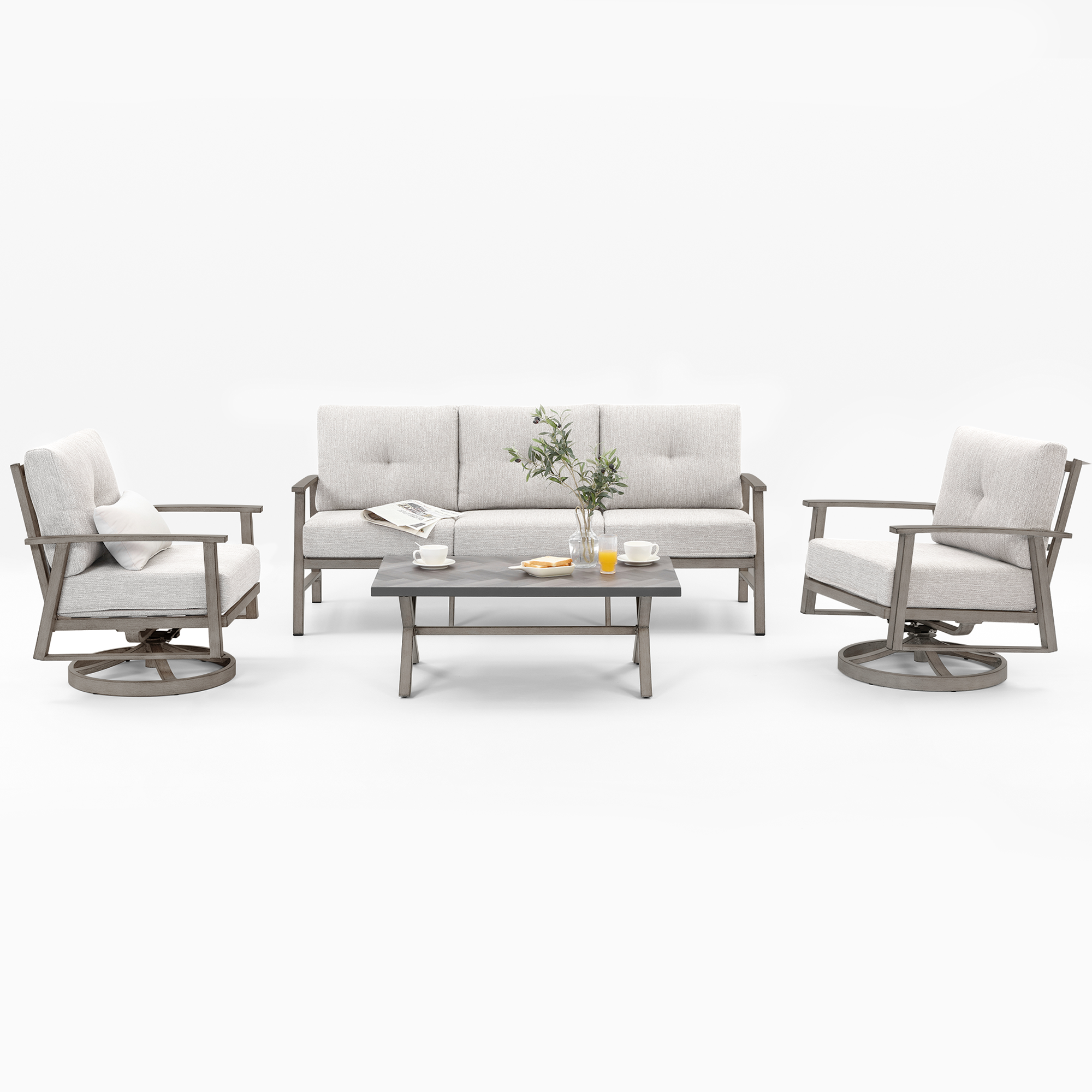 Bloom Modern outdoor patio furniture set with cushioned swivel chairs and a rectangular-Seehill
