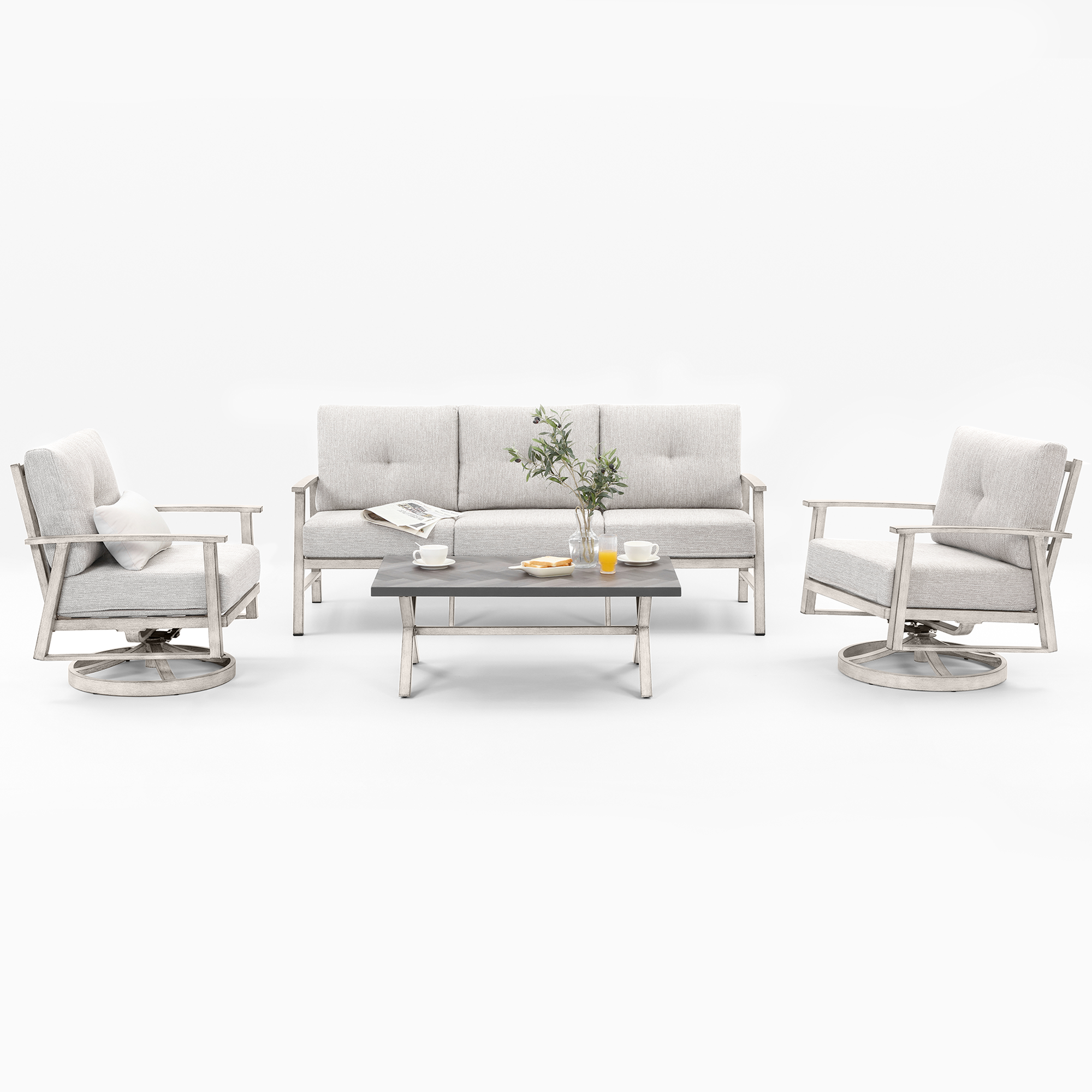 Prairie Modern outdoor patio furniture set with cushioned swivel chairs and a rectangular-Seehill