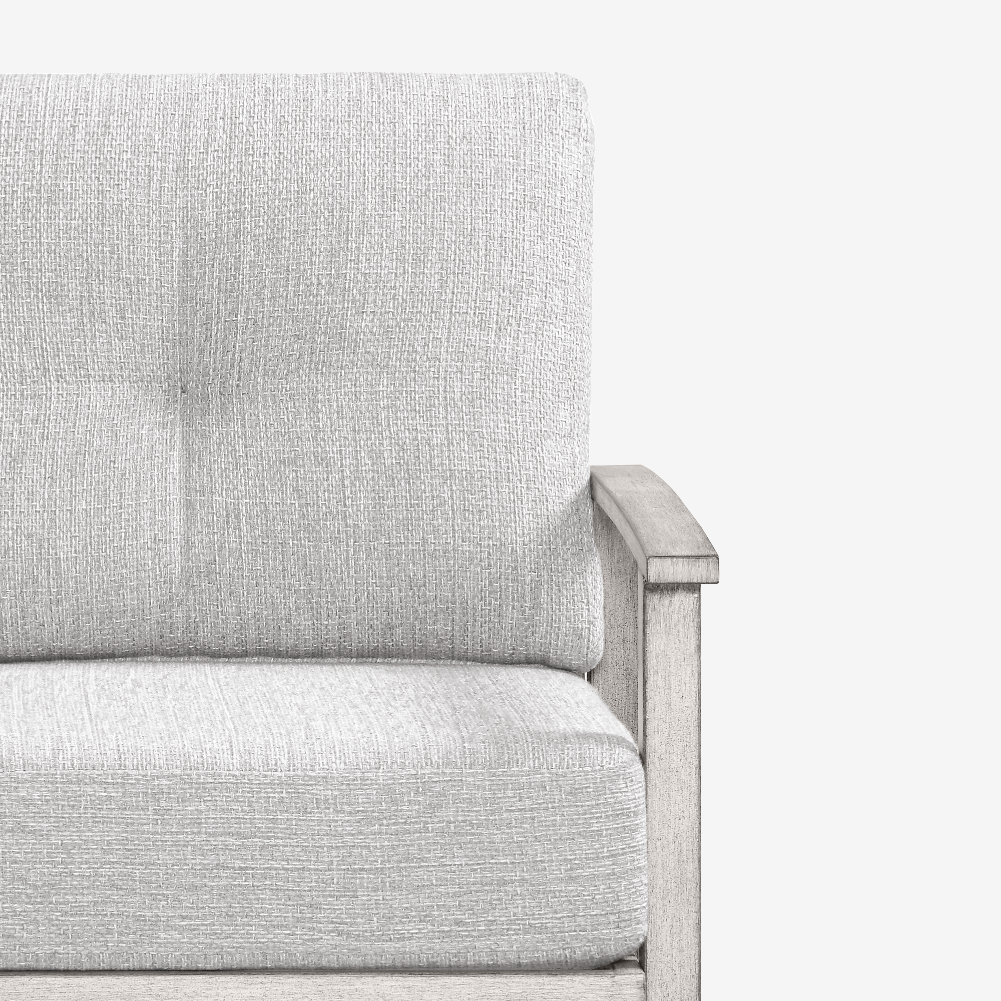 Close-up of light gray cushioned seat and backrest with wooden armrest on outdoor chair-Seehill