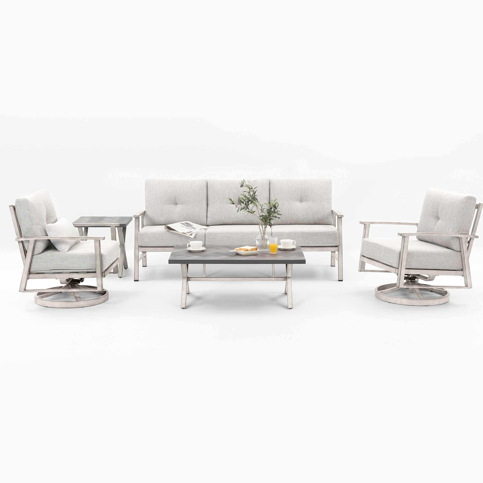 Modern outdoor patio furniture set with swivel chairs and cushioned seating on white-Seehill