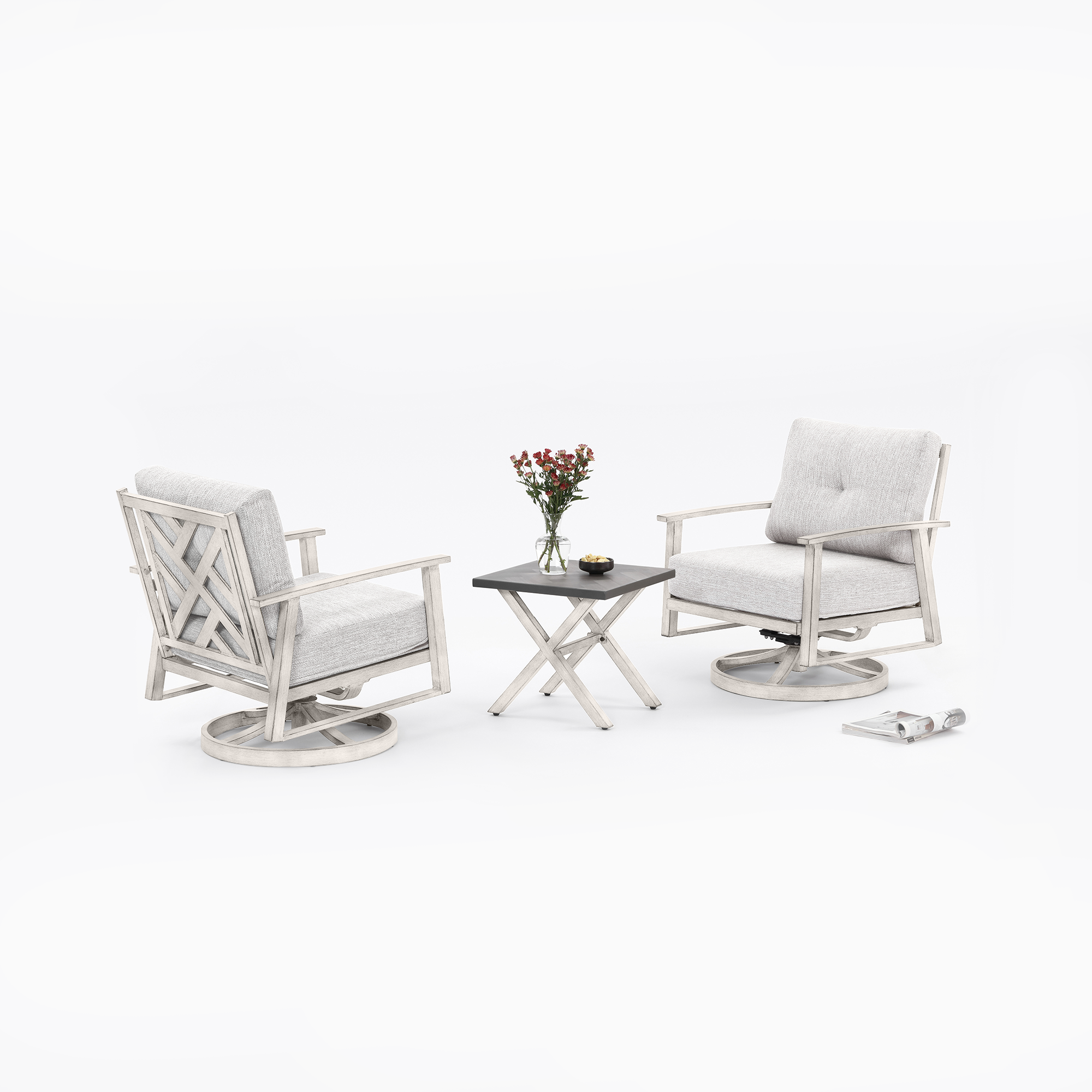 Modern outdoor patio set with two swivel chairs and a small square table-Seehill