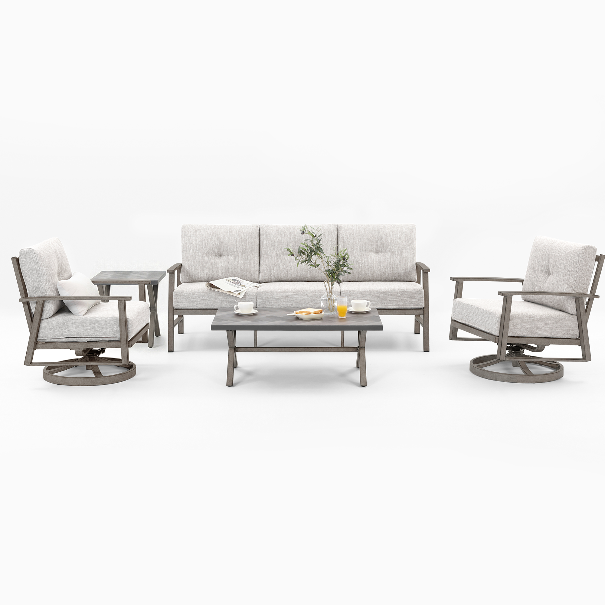 Alpine Modern outdoor patio furniture set with swivel chairs and cushioned seating on white-Seehill