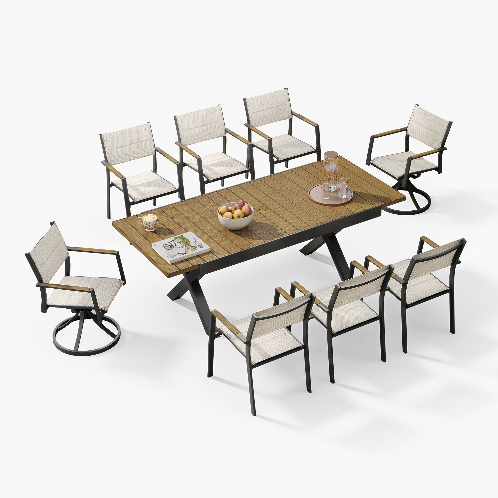 Expandable outdoor dining set with wooden table and swivel chairs on white background-Seehill