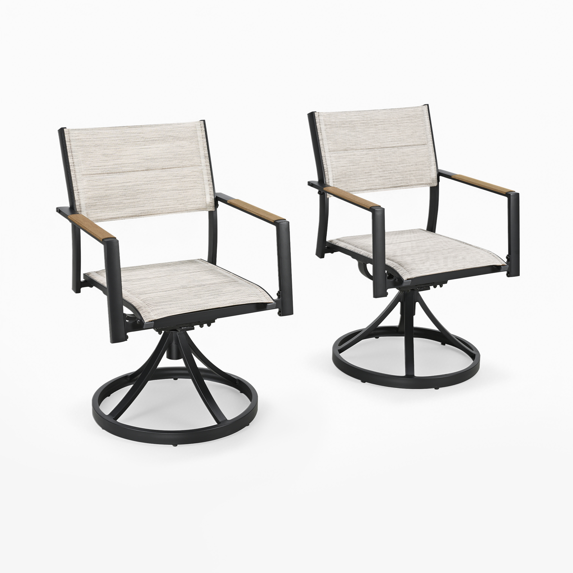 Slate Two beige fabric swivel patio dining chairs with black metal frames and wooden-Seehill