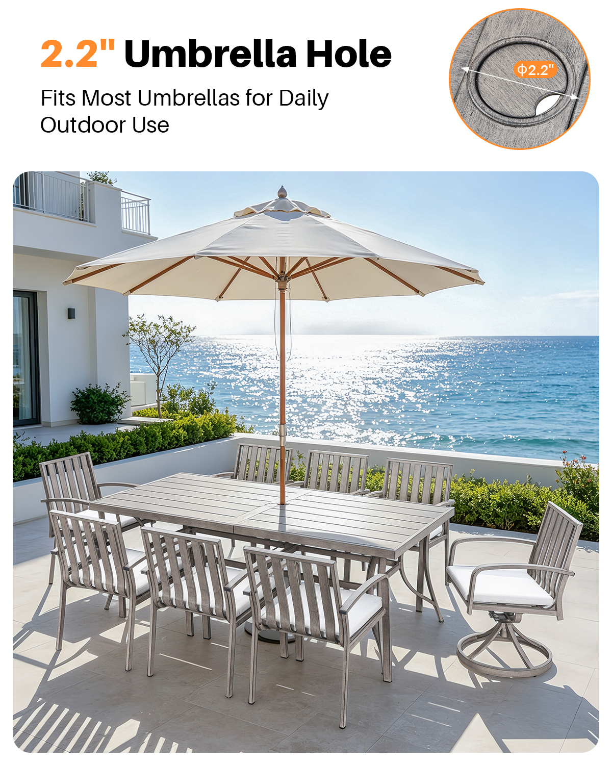 Patio Rectangle Dining Table for 8 with Umbrella Hole - D109