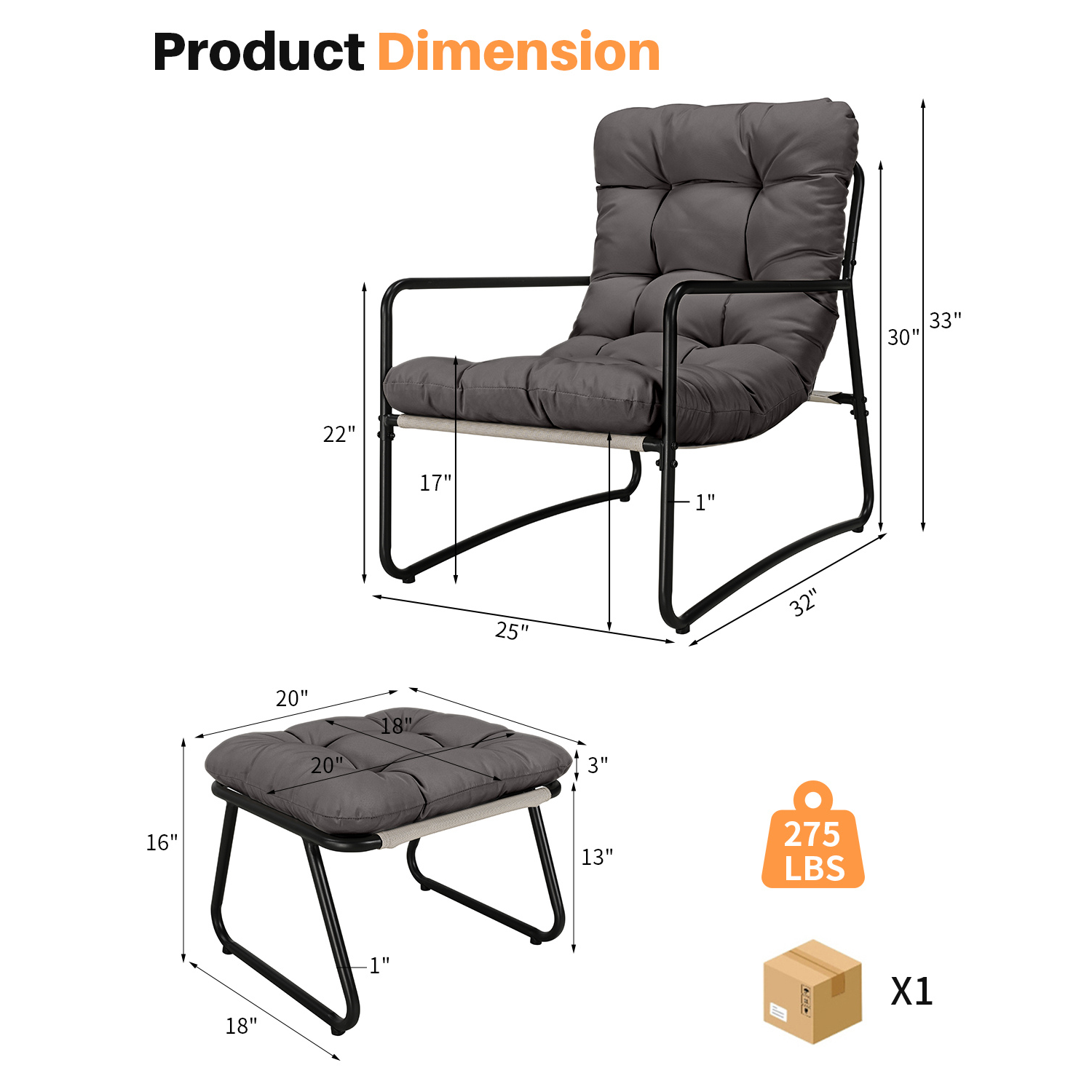 2-Piece Metal Comfy Modern Patio Rocking Chair Set with Ottoman- C033-1