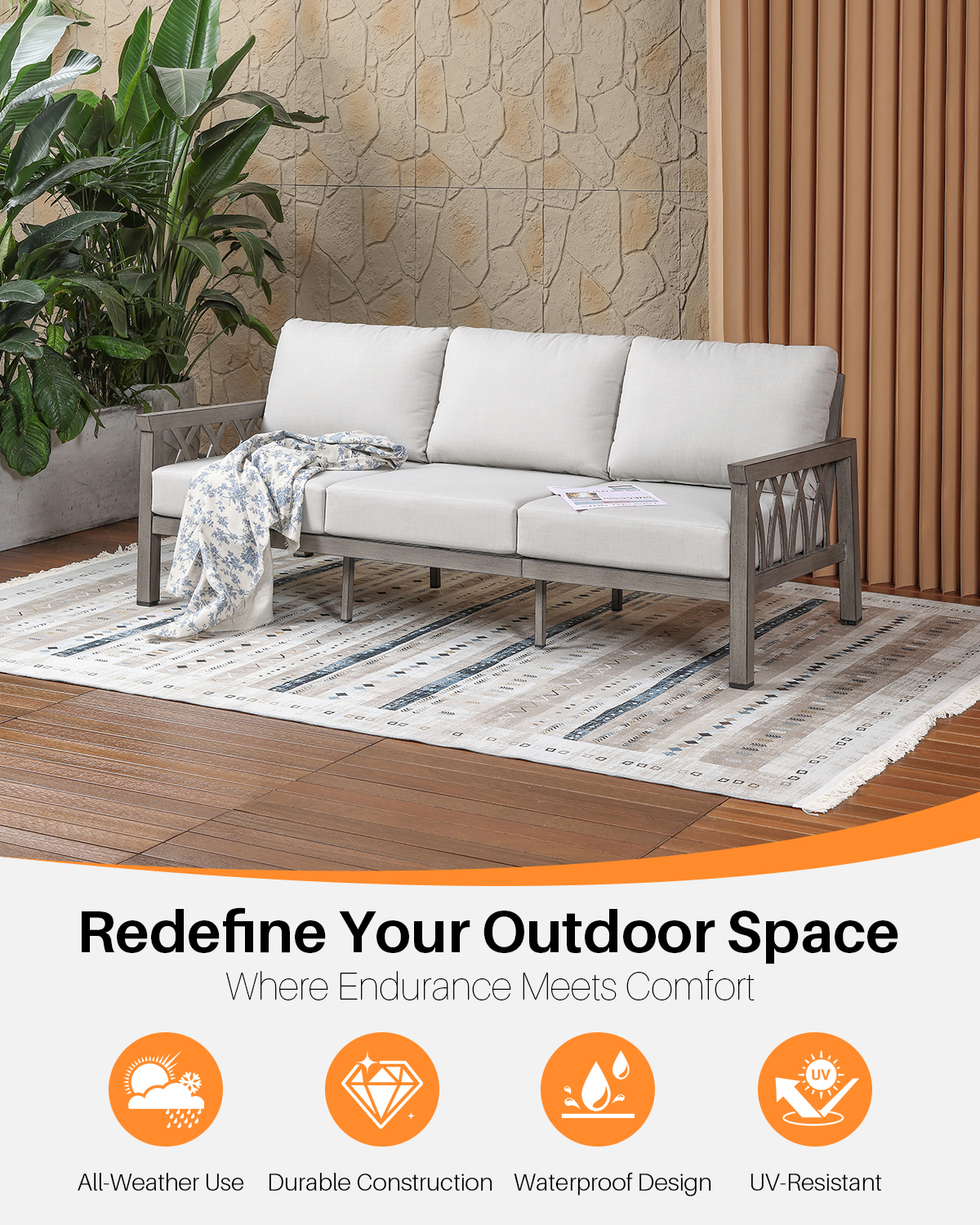 Aluminum Outdoor 3-Person Patio Sofa - C090