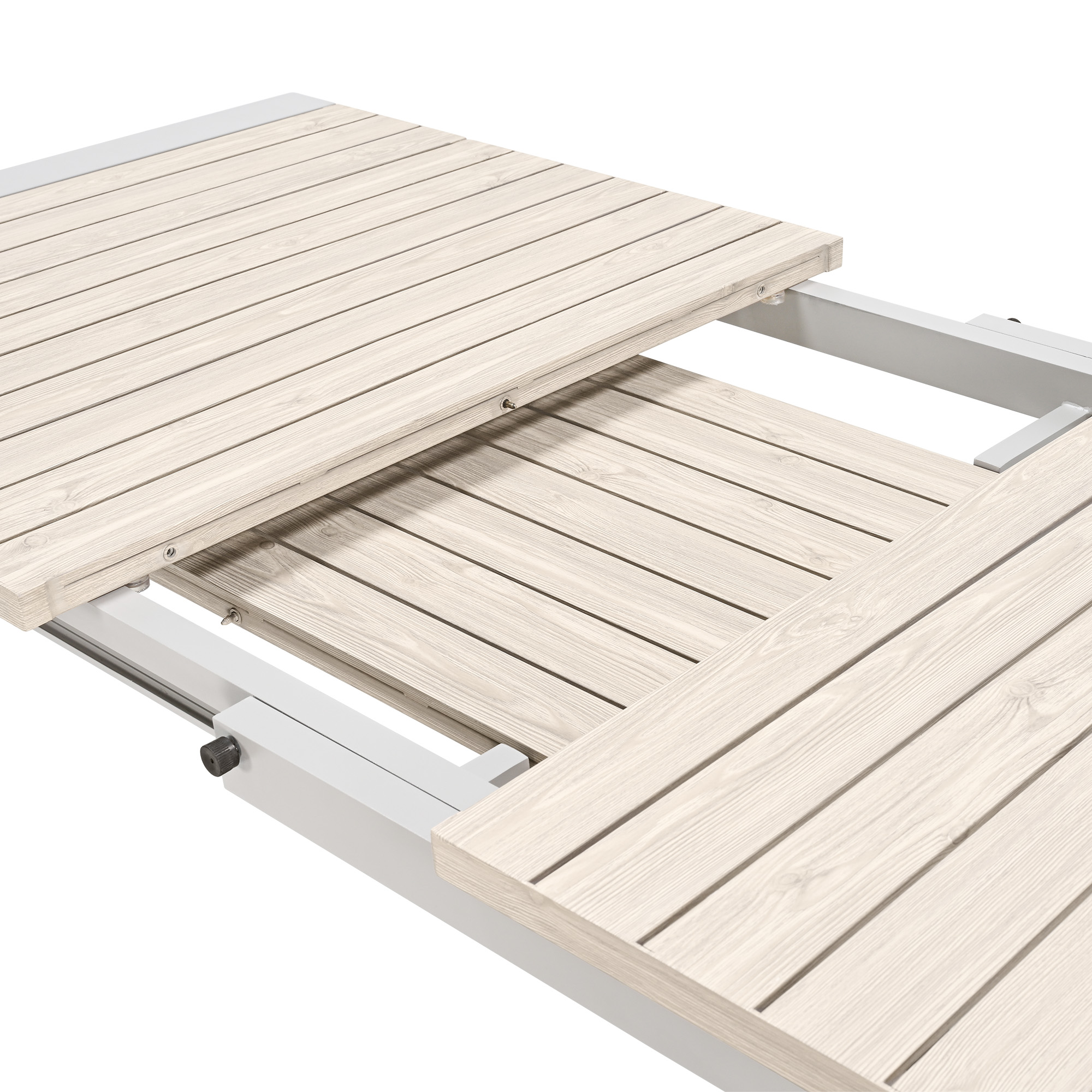 A sophisticated extendable outdoor dining table for eight persons featuring an extendable wooden outdoor table with a sleek design. - Seehill