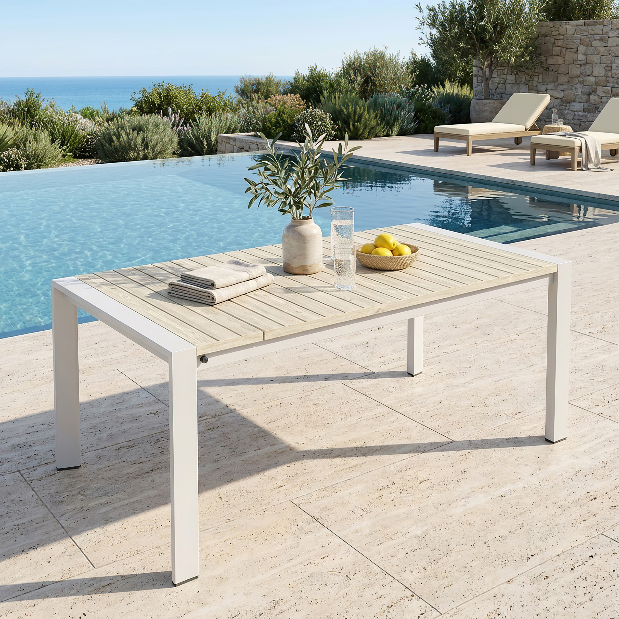 Explore the outdoor wooden table with a white metal frame near the pool of the graceful extendable dining set. - Seehill