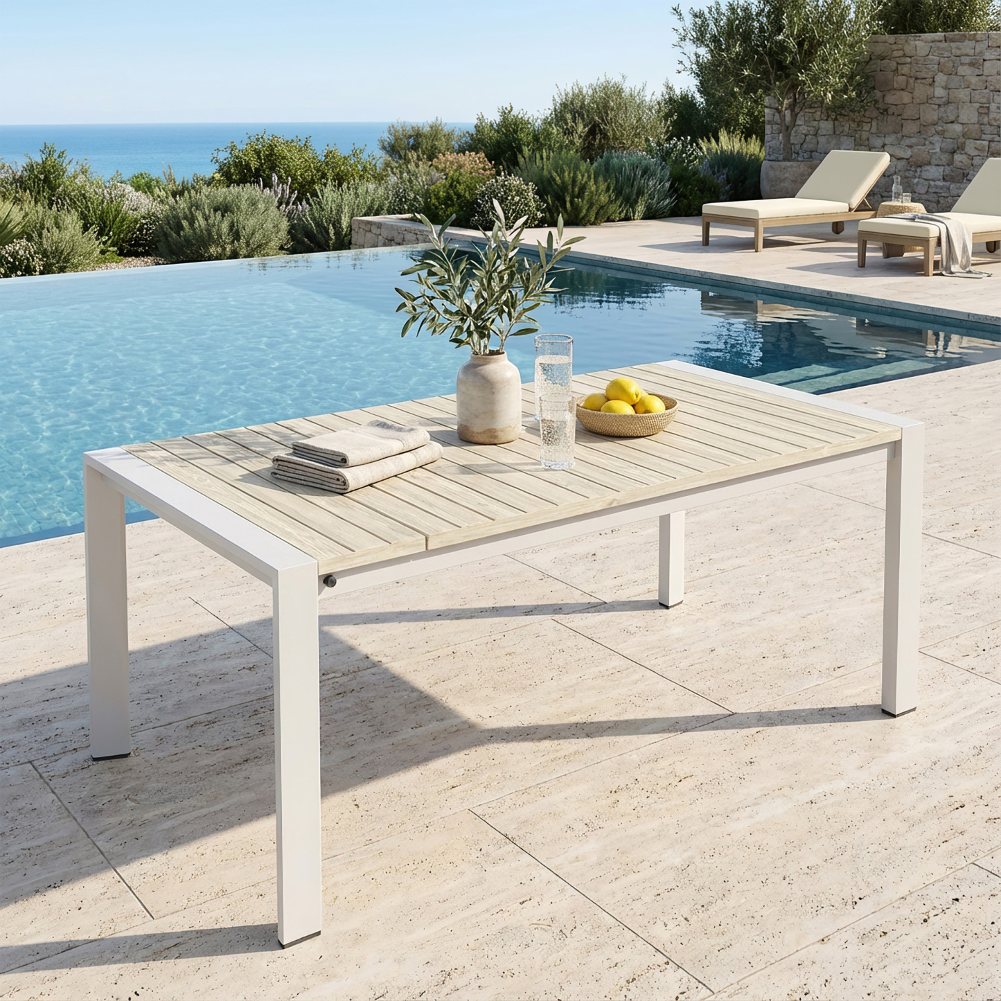 Outdoor wooden table with white metal frame near pool - Seehill