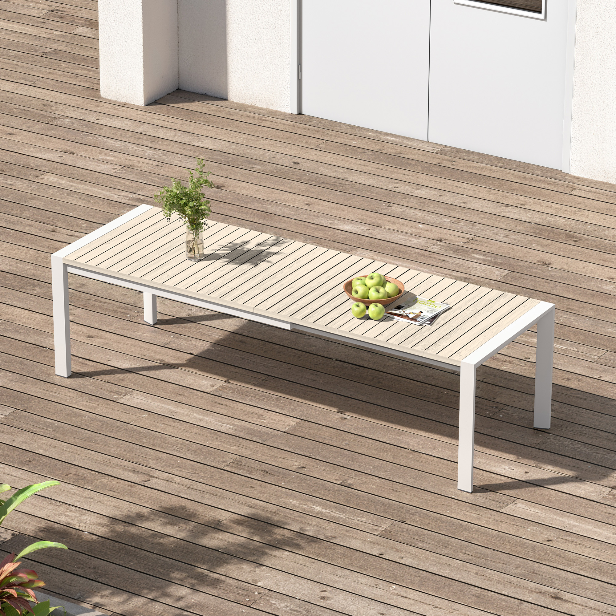 Luxury extendable outdoor dining table for eight persons design presents a modern outdoor bench with a light wood finish. - Seehill