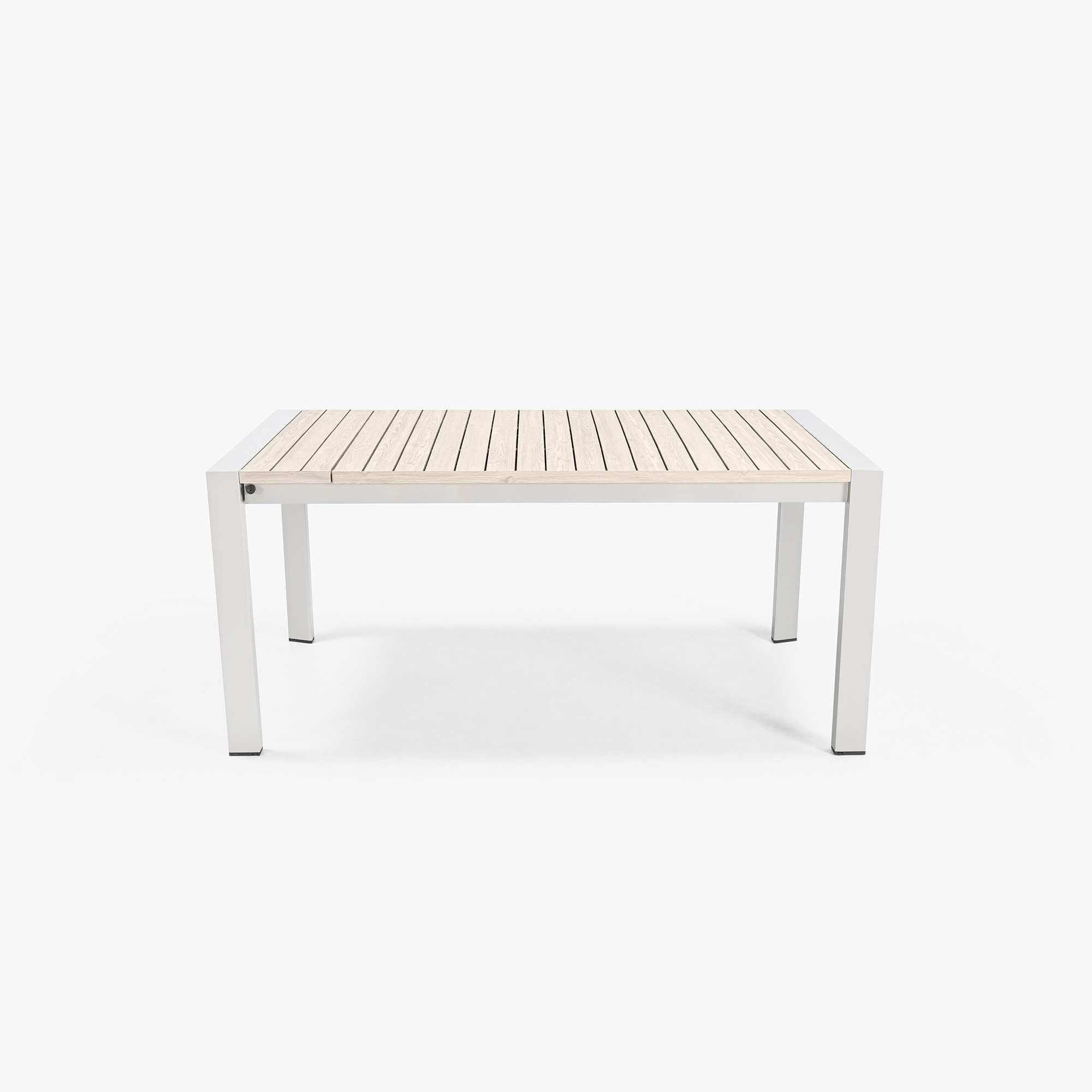 Modern outdoor coffee table with wood slat top and white metal frame - Seehill