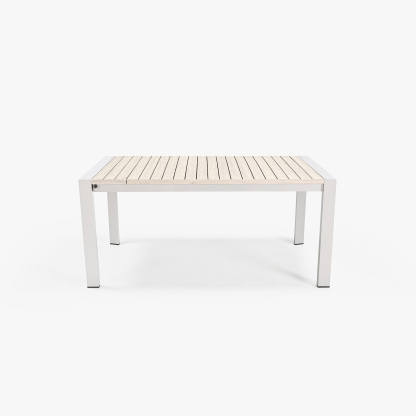 Modern outdoor coffee table with wood slat top and white metal frame - Seehill