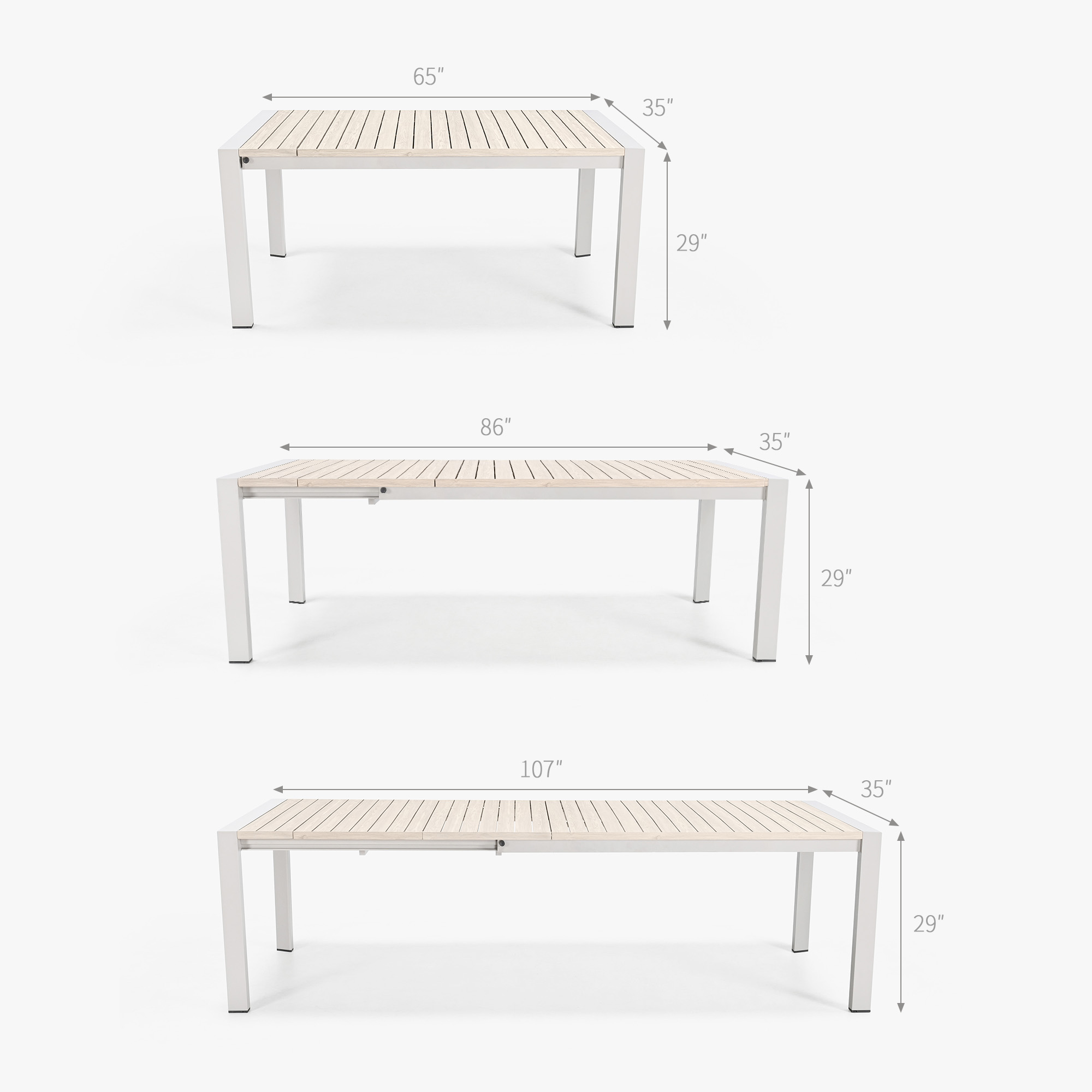Extendable outdoor dining table with wood slats and white metal frame - Seehill