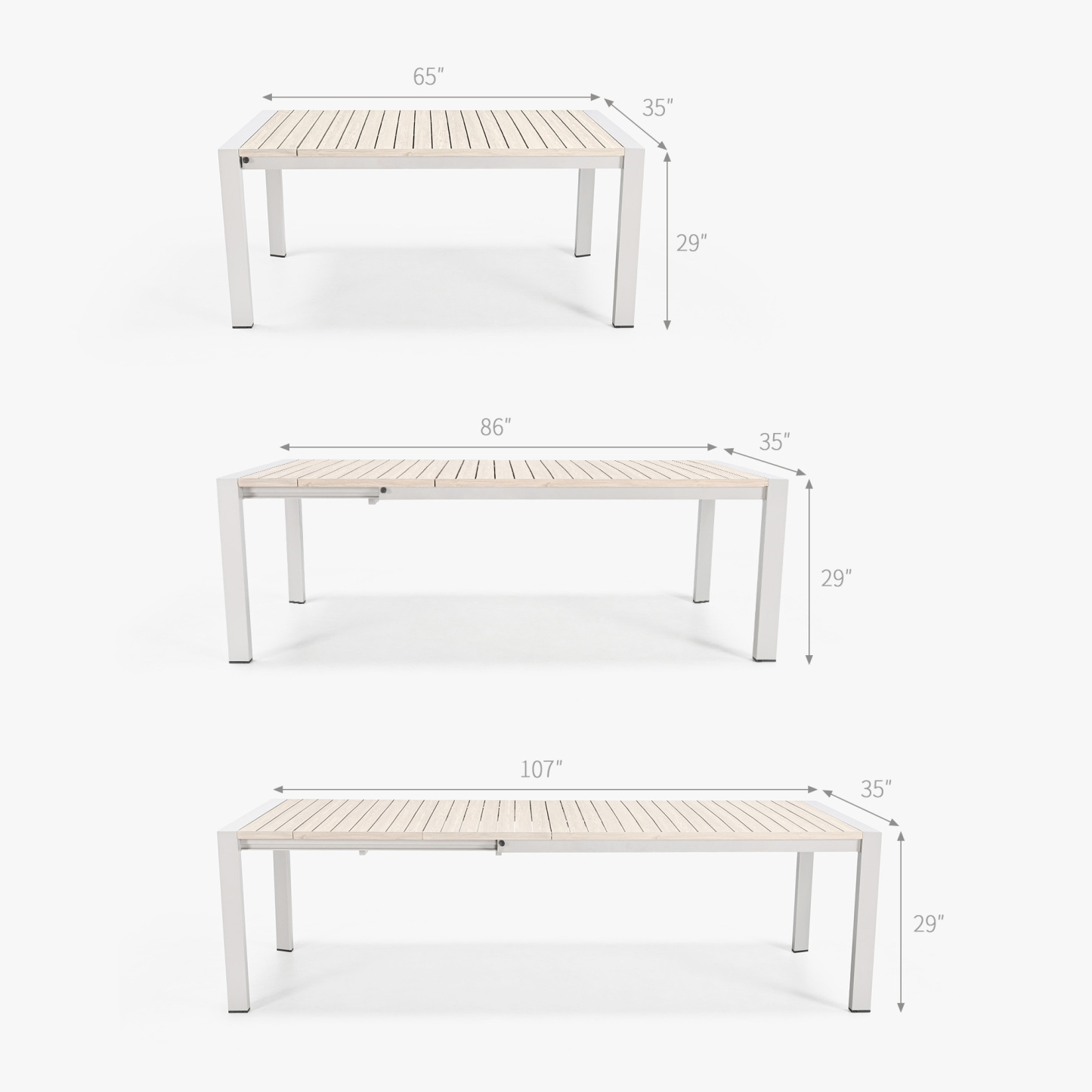 Extendable outdoor dining table with wood slats and white metal frame - Seehill