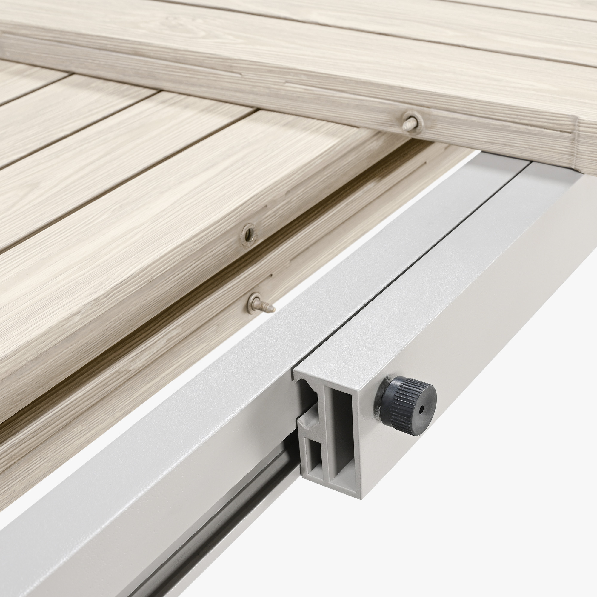 This graceful extendable outdoor dining table for eight persons features an adjustable wooden slat bed frame for added comfort. - Seehill