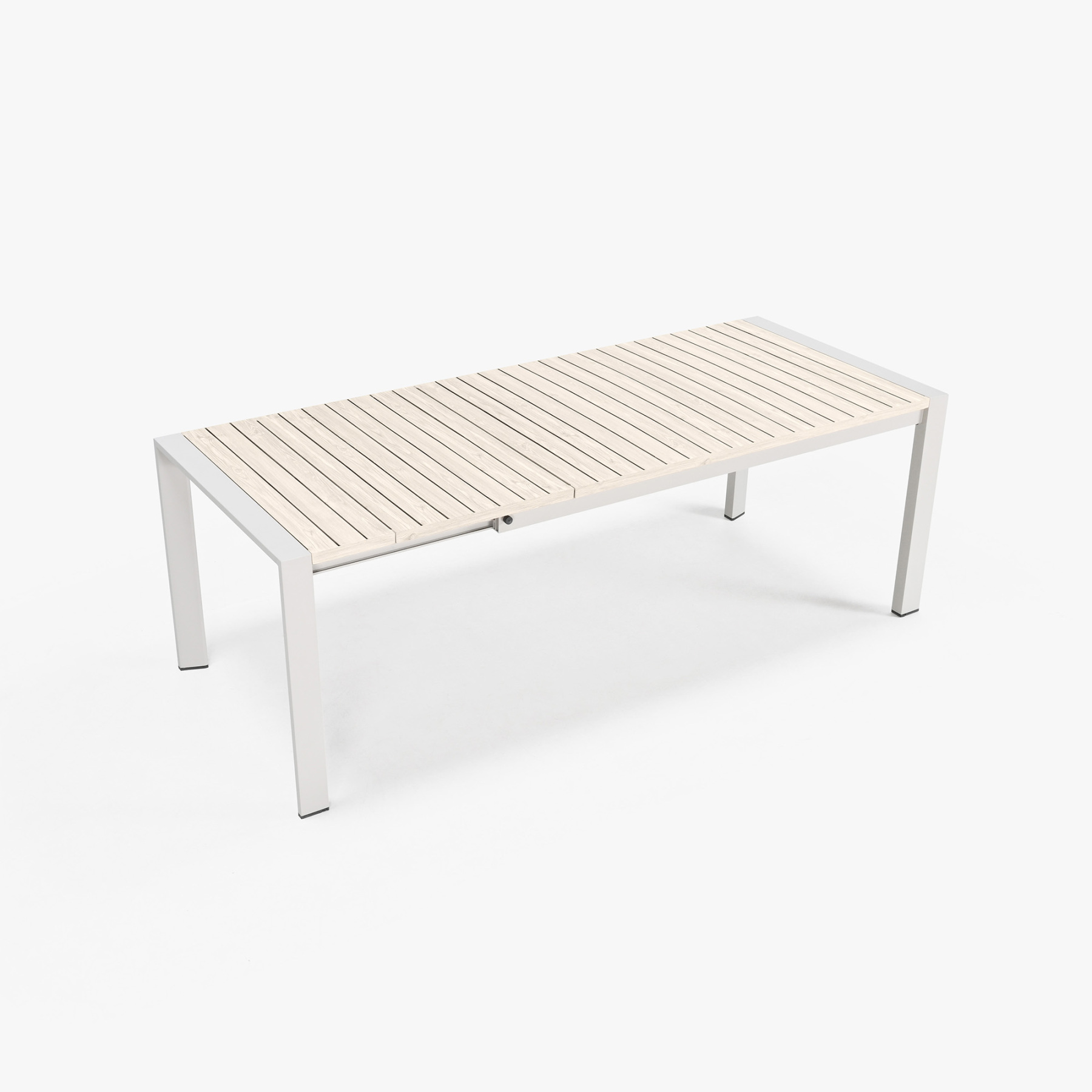Modern outdoor bench with light wood slats and white metal f - Seehill