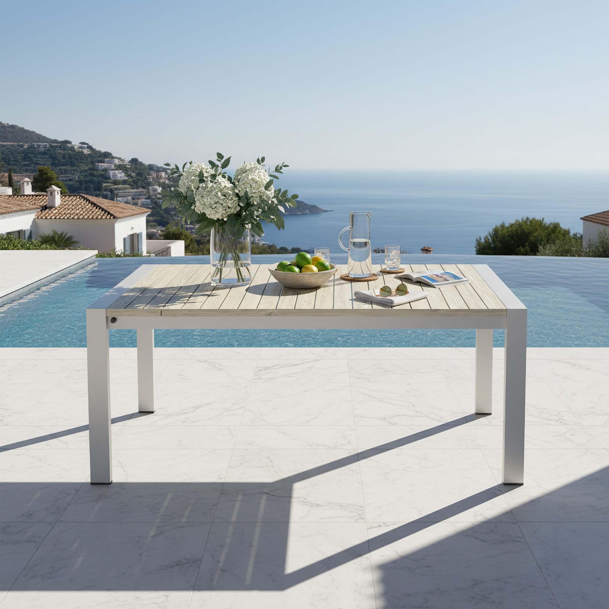 Modern extendable outdoor dining table for eight persons highlighting a wood finish and contemporary design. - Seehill