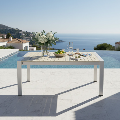 Modern outdoor dining table with wood top and white metal frame - Seehill