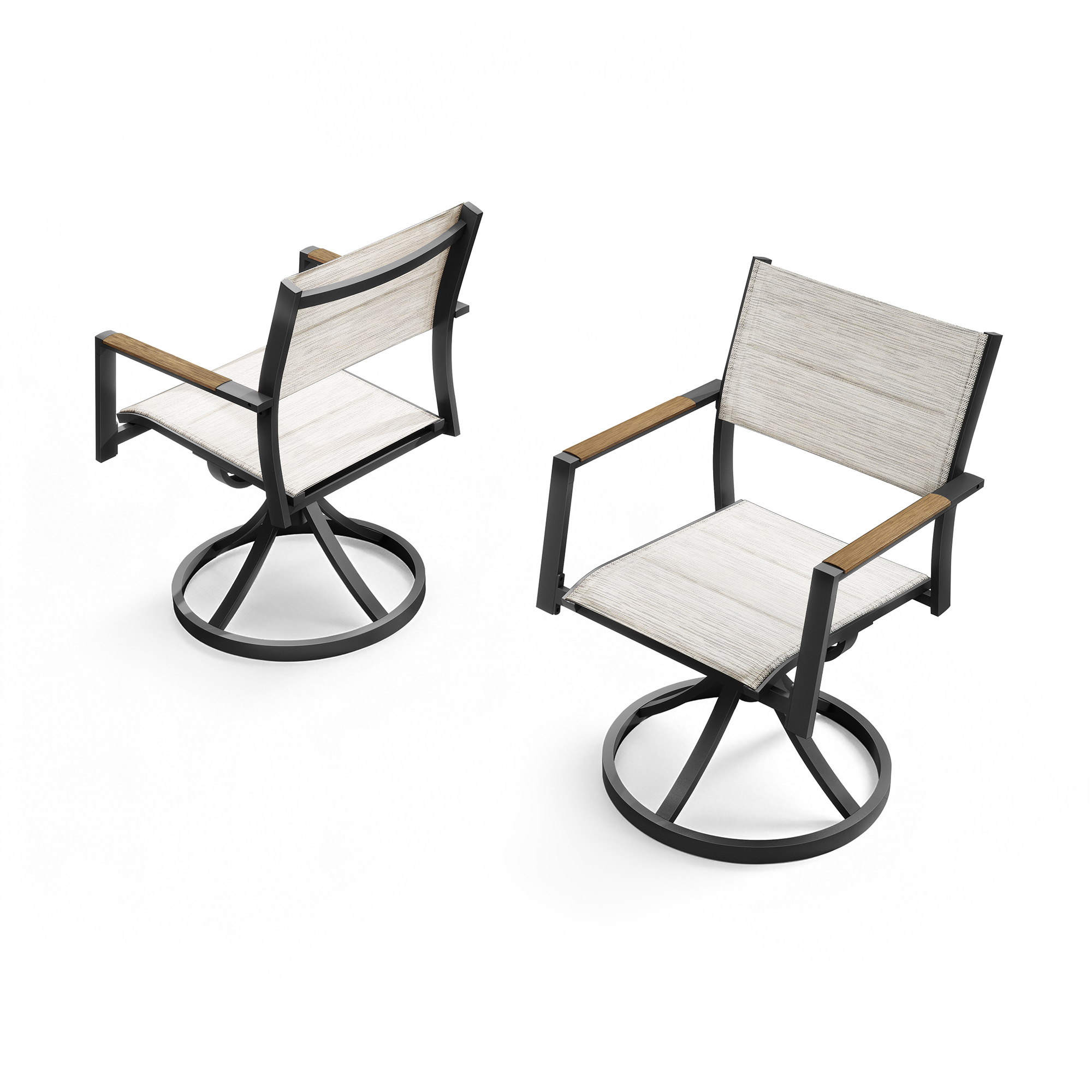 Two beige fabric patio swivel dining chairs with black metal frames and wooden armrests-Seehill