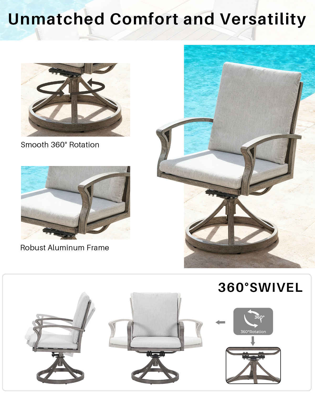 Modern Aluminum Outdoor Set of 2 Swivel Patio Chairs