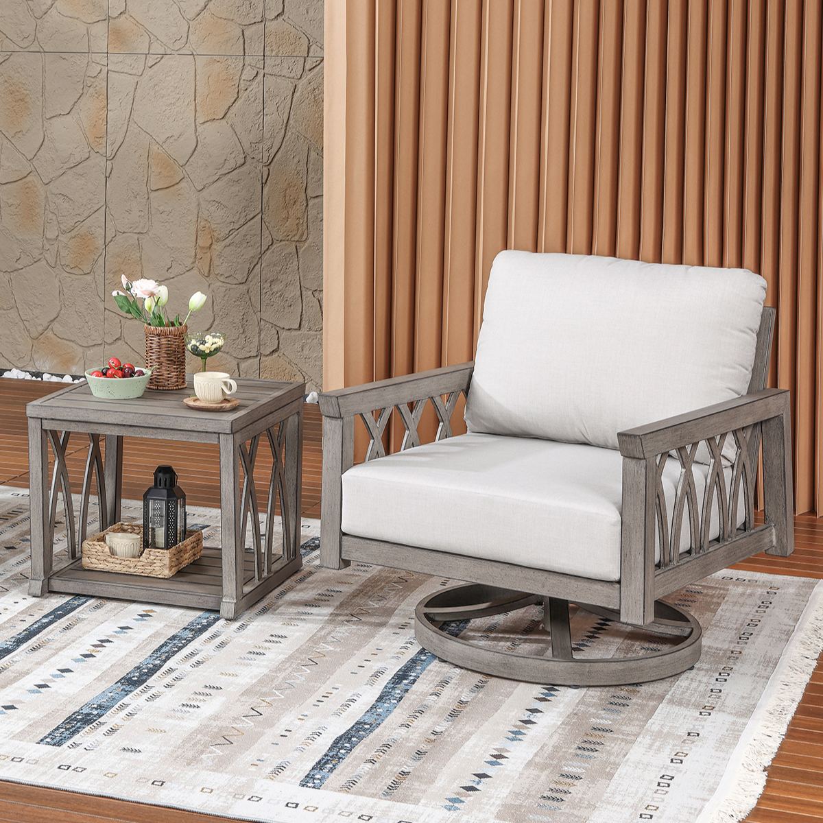 2-Piece Aluminum Outdoor Patio Swivel Sofa Armchair Set - DS093