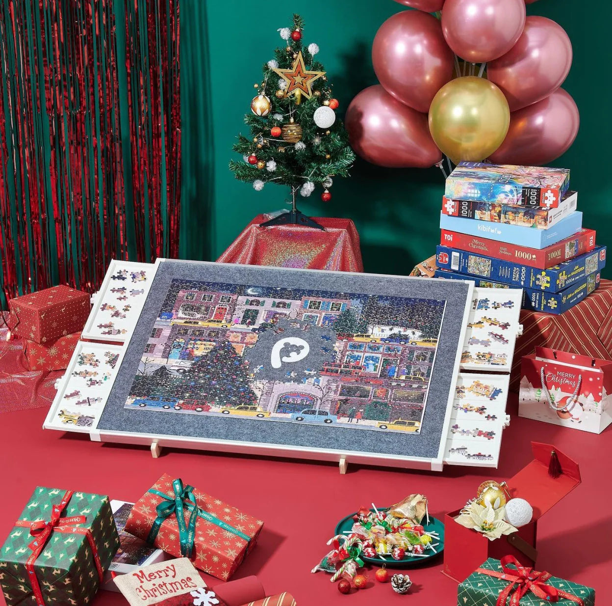 Rotating Puzzle Board with Drawers and Cover.Tilt&Lazy Susan