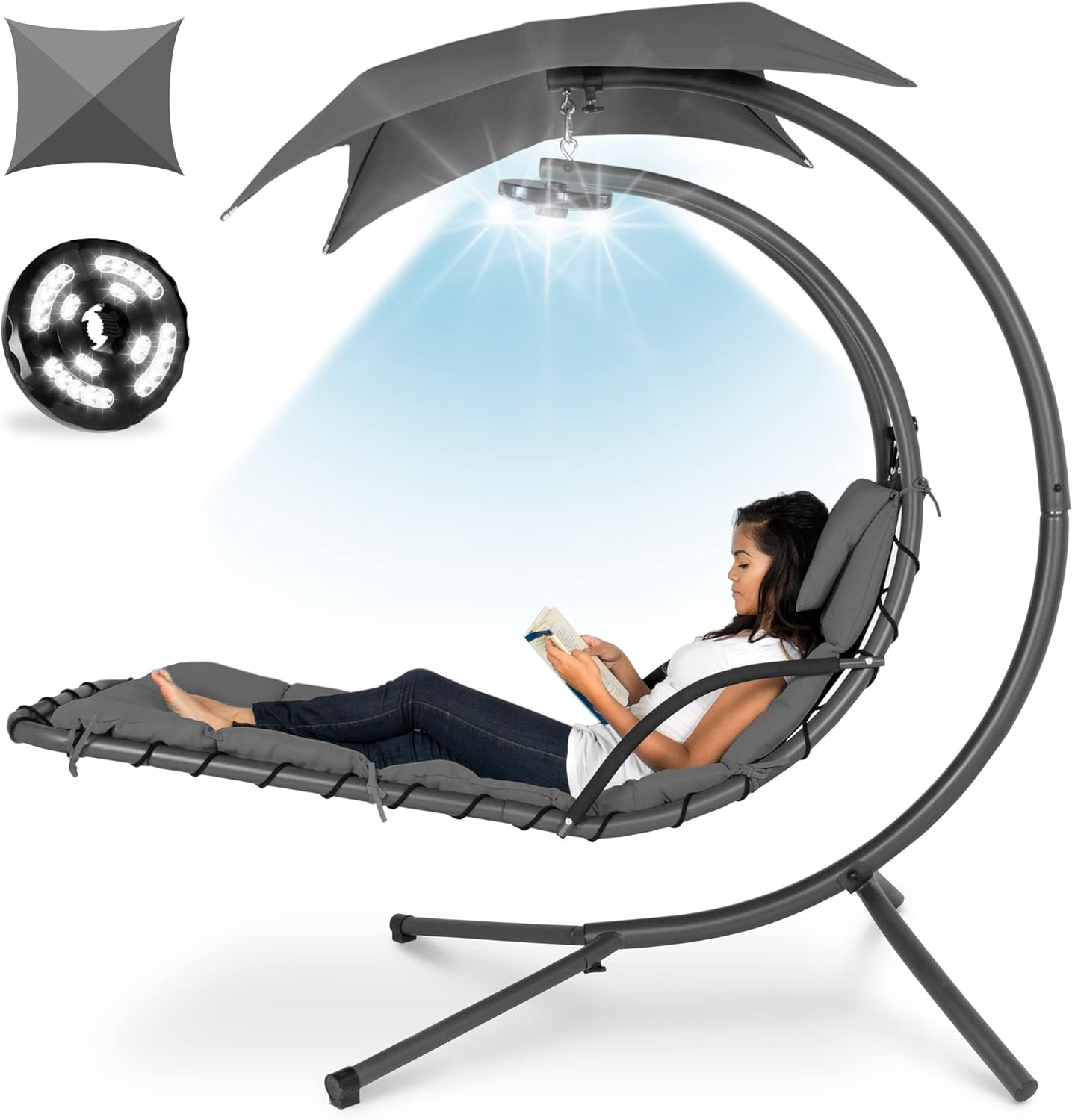 LED-Lit Curved Chaise Lounge Chair Swing for Backyard