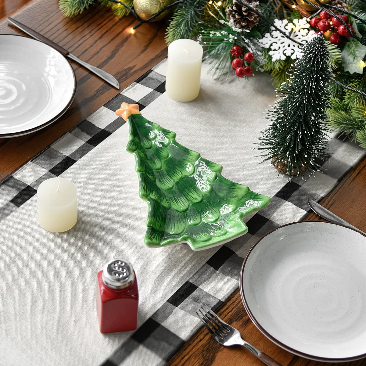 Watercolor Buffalo Plaid Christmas Trees Merry Xmas Table Runner