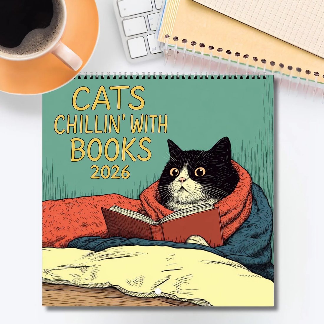 🔥LAST DAY 49% OFF🔥 Cats Chillin' with Books 2026 Wall Calendar