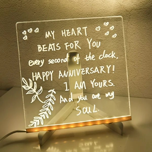 Acrylic clear light-up LED rewritable message board notepad with 7 color markers.
