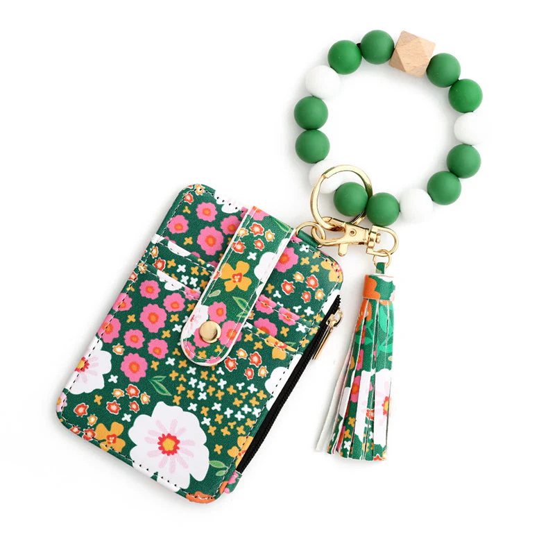 Women's Boho Style Beaded & Tassel Decorated Keychain with Flower Pattern Wallet