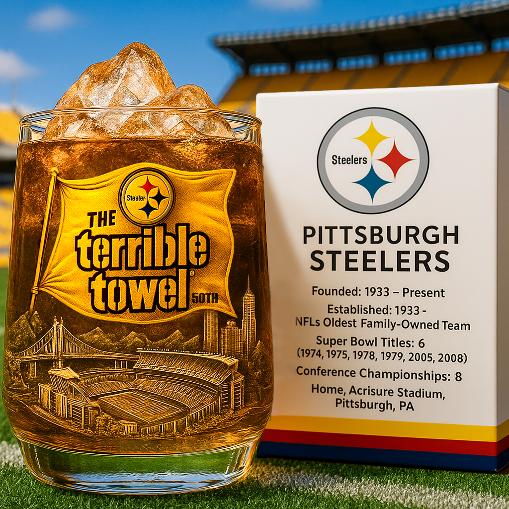 🏈 NFL Team🔥Pittsburgh Steelers Terrible Towel 50th Anniversary Whiskey Glass