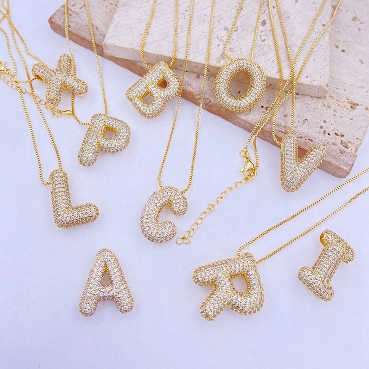 Gold Rhinestone Bubble Monogram Necklace