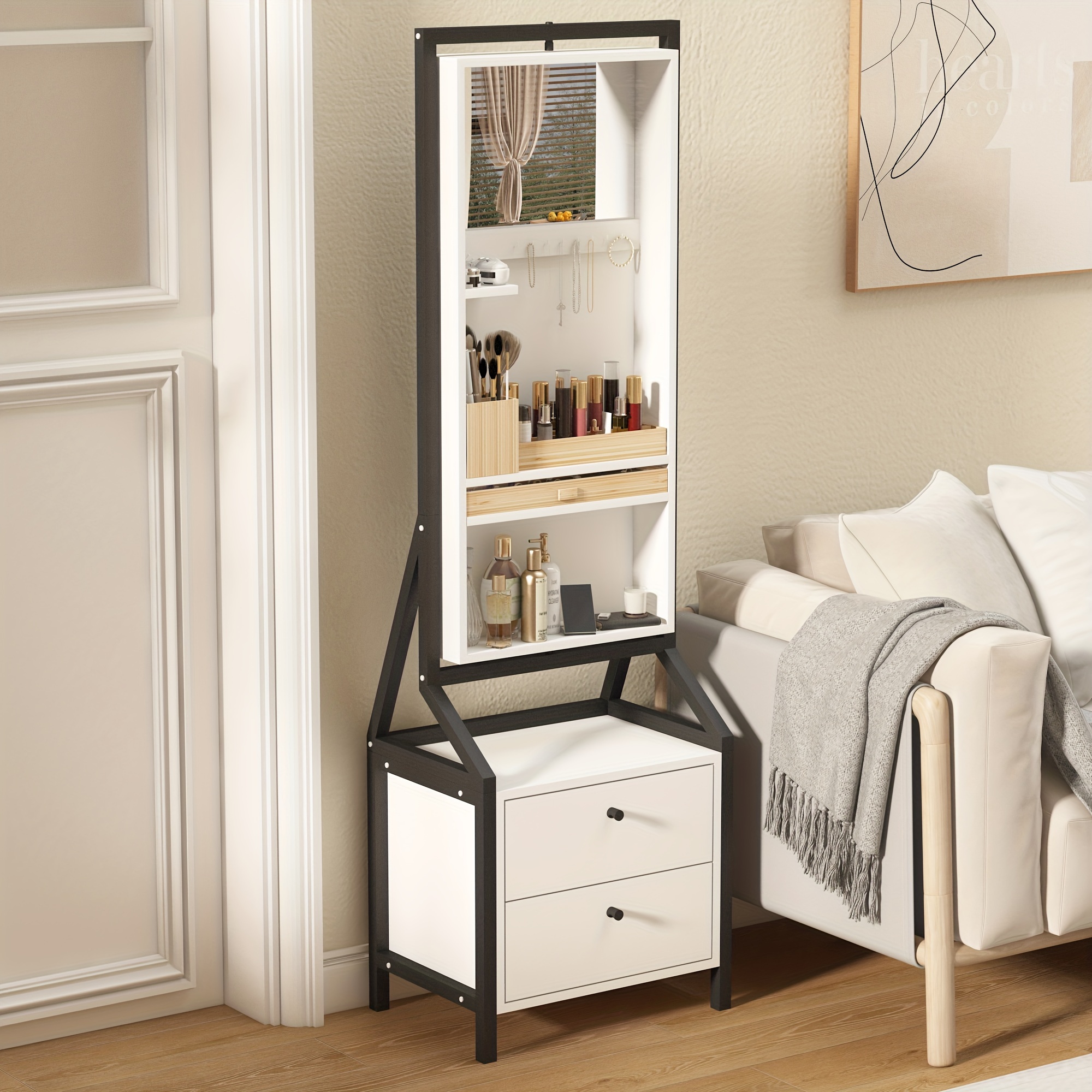 360° Swivel  Floor Standing Mirror With 2 Bottom Drawer