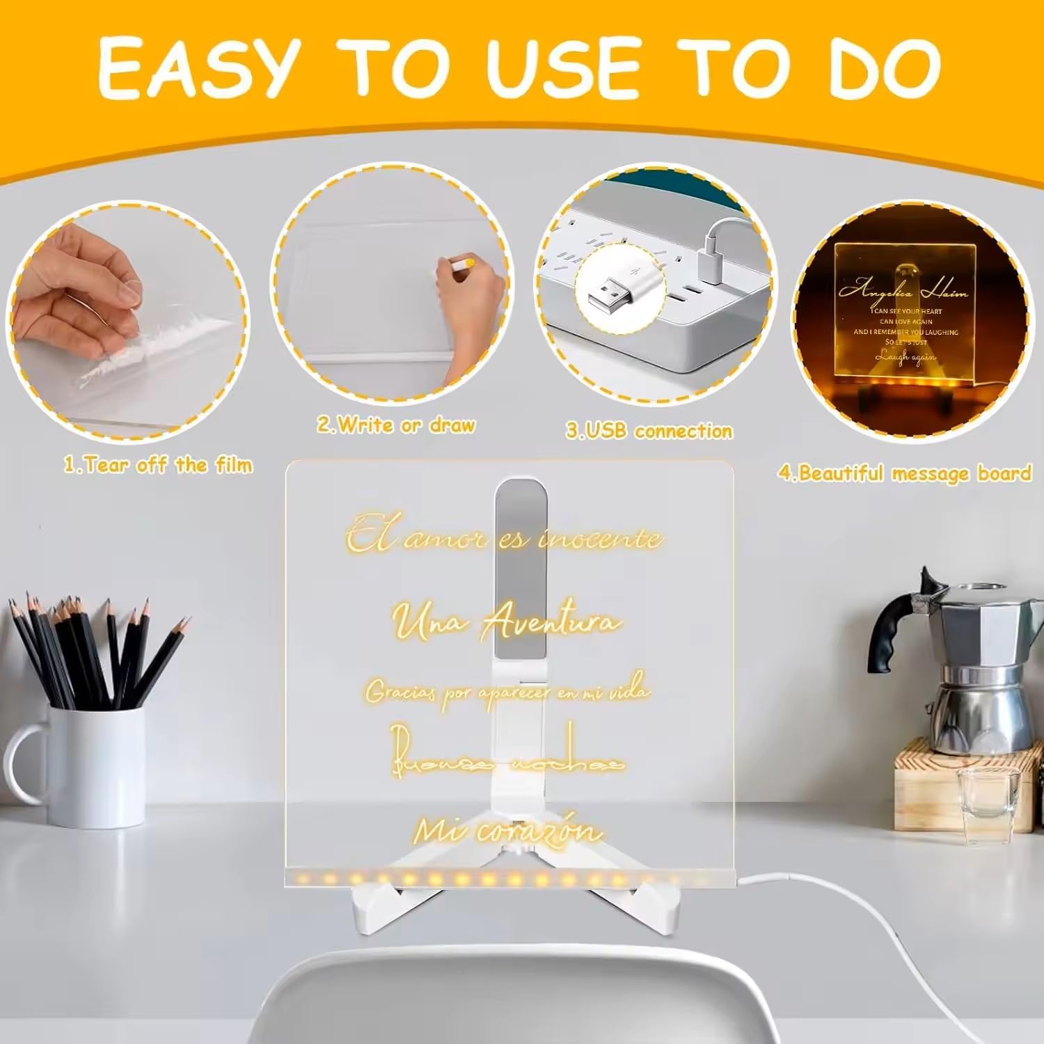 Acrylic clear light-up LED rewritable message board notepad with 7 color markers.