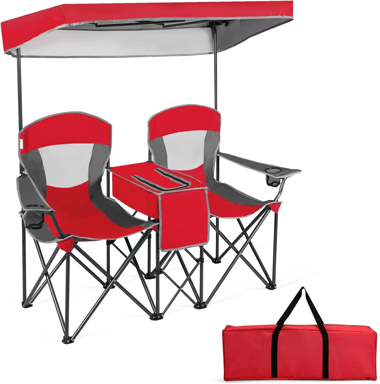 🔥 Spring Sale Buy 2 Get 2 Free 🔥Foldable Loveseat Camping Chair with Adjustable Shade Canopy & Cooler Bag