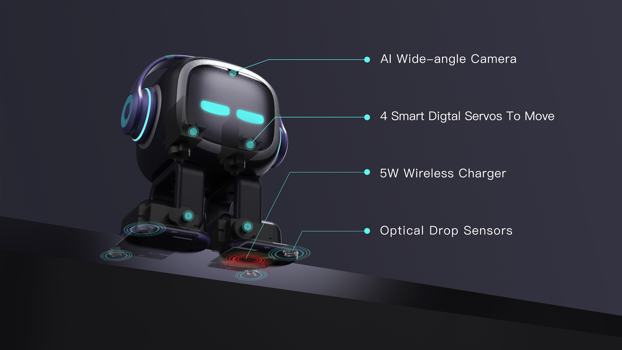 camera AI cu unghi larg, 4 motoare servo inteligente pentru miscare, incarcare wireless 5W, senzor optin anti-cadere