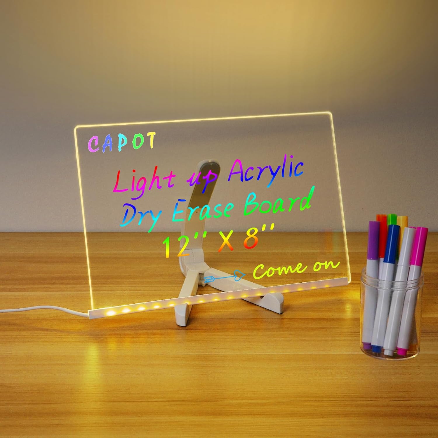 Acrylic clear light-up LED rewritable message board notepad with 7 color markers.
